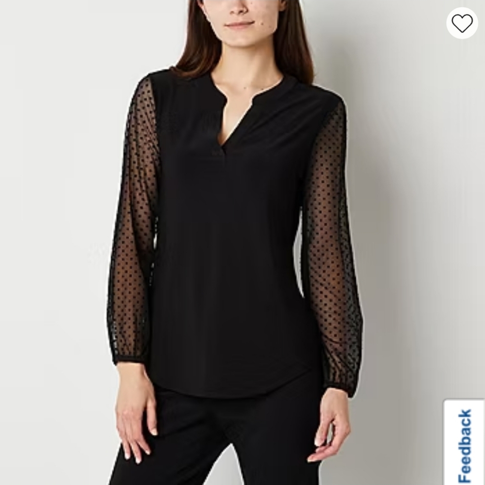 Black Label by Evan-Picone Womens Split Crew Neck Long Sleeve Blouse